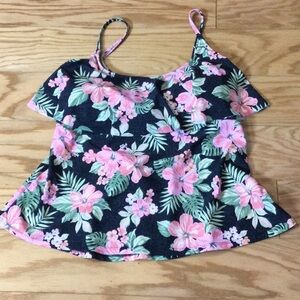 2X True Craft Black Pink Tropical Floral Ruffle Tankini Top